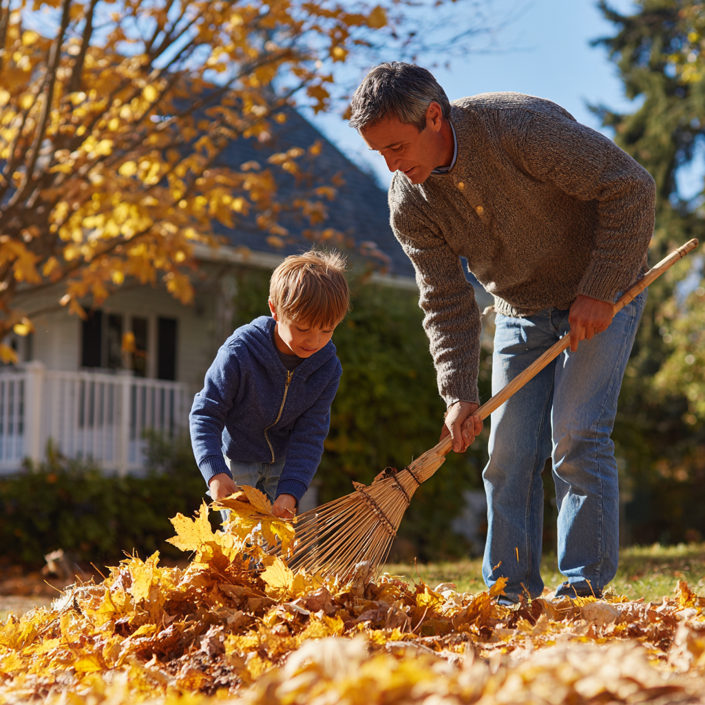 Father and son raking leaves