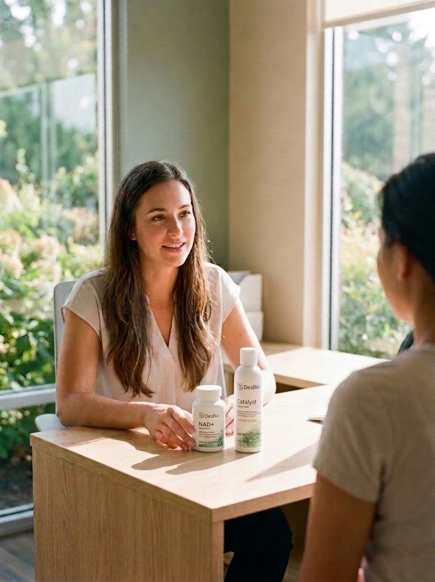 Practitioner discussing DesBio liposomal formulas with a patient