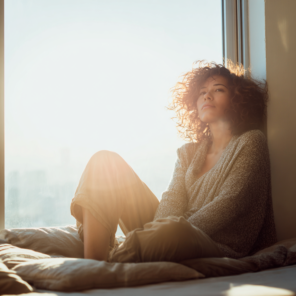 Woman relaxing in a window seat
