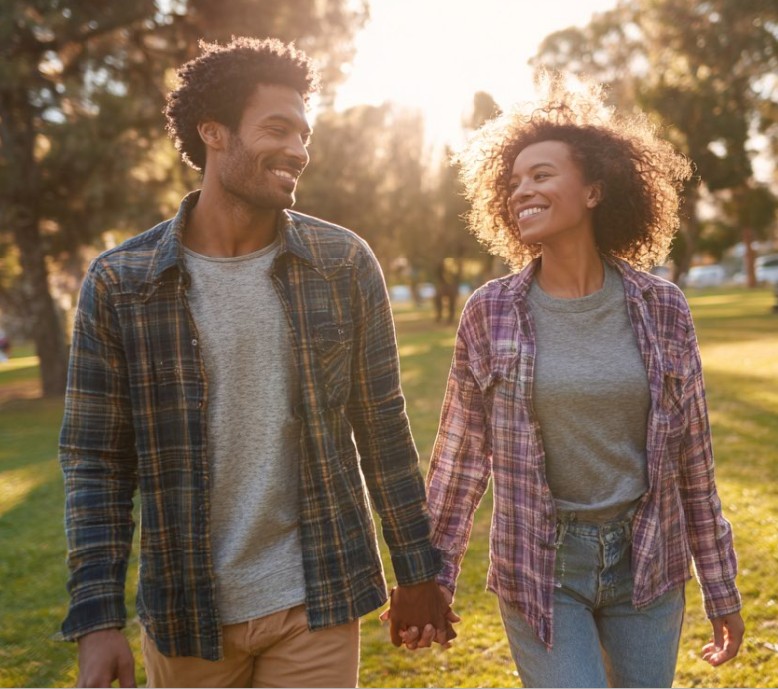 Happy couple walking outdoors