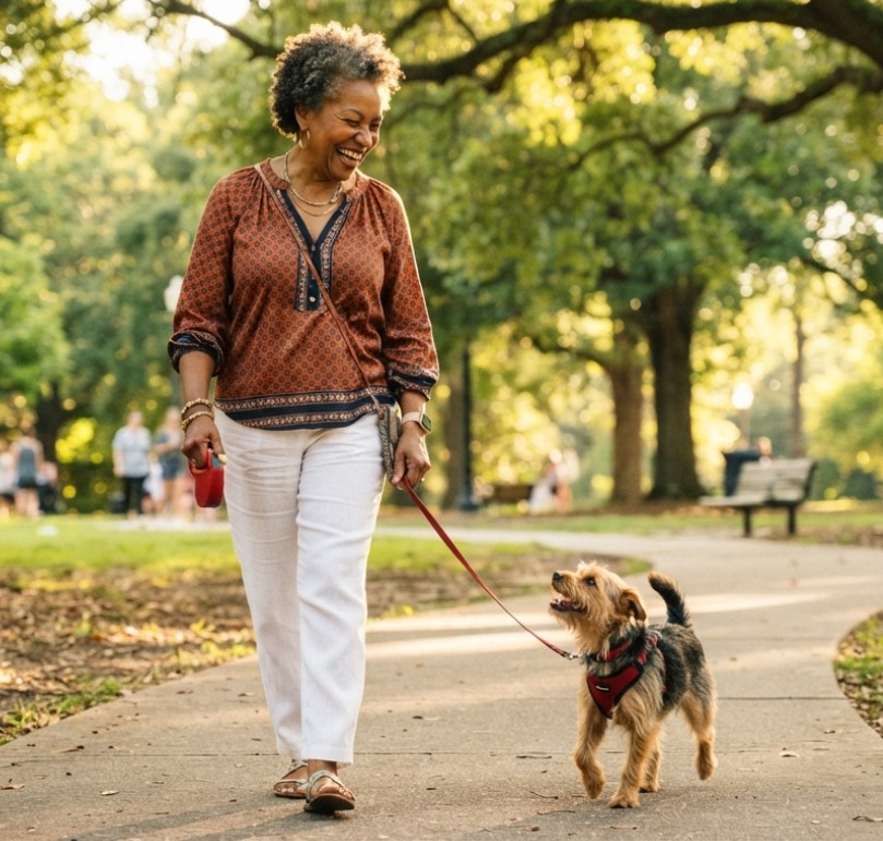 Woman walking her dog